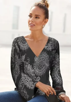 Damenshirts|Vivance 3/4-Arm-Shirt Schwarz-Weis Bedruckt