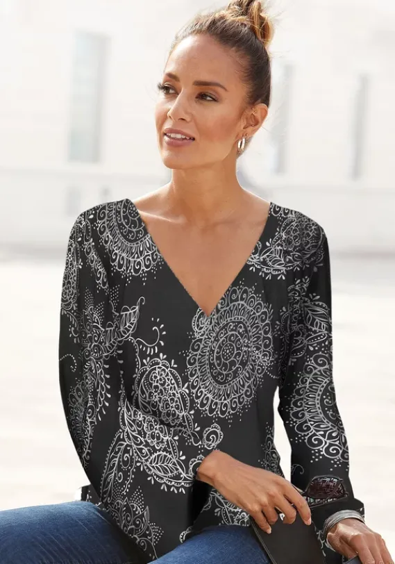 Damenshirts|Vivance 3/4-Arm-Shirt Schwarz-Weis Bedruckt