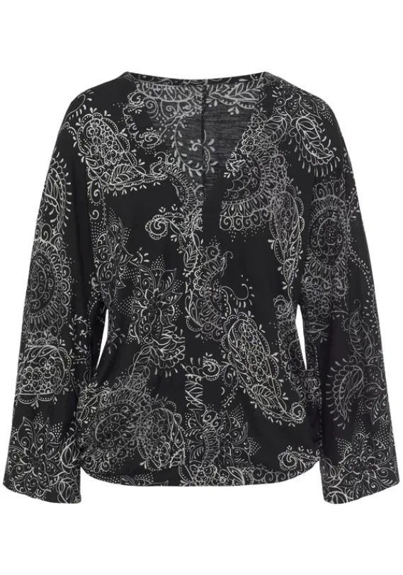 Damenshirts|Vivance 3/4-Arm-Shirt Schwarz-Weis Bedruckt