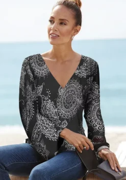 Damenshirts|Vivance 3/4-Arm-Shirt Schwarz-Weis Bedruckt