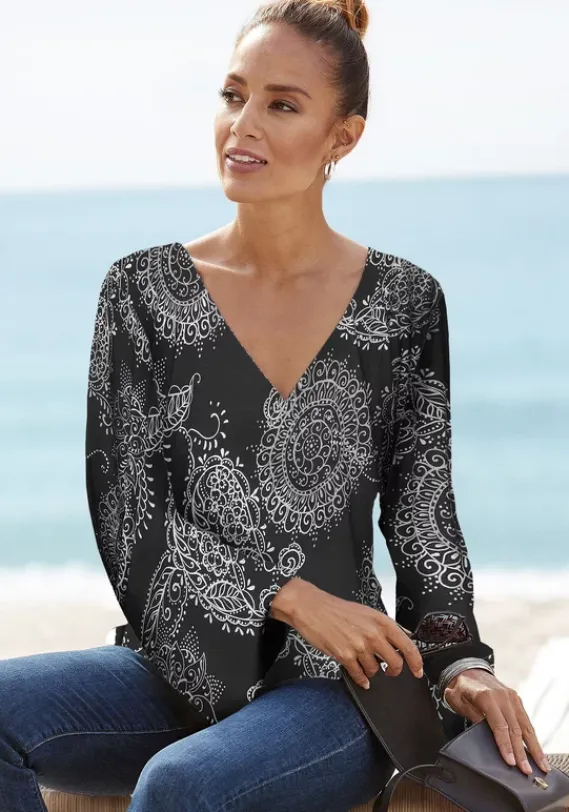 Damenshirts|Vivance 3/4-Arm-Shirt Schwarz-Weis Bedruckt