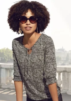 Damenshirts|LASCANA 3/4-Arm-Shirt Schwarz-Bedruckt