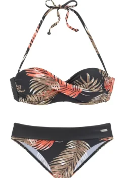 Grose Cups|LASCANA Bugel-Bandeau-Bikini"Leaf" Schwarz-Bedruckt