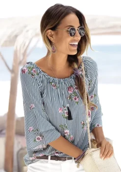 Blusen|LASCANA Carmenbluse Marine-Weis-Gestreift