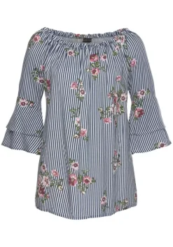 Blusen|LASCANA Carmenbluse Marine-Weis-Gestreift