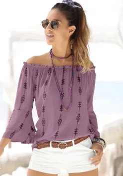 Blusen|LASCANA Carmenbluse Lila-Bedruckt