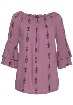 Blusen|LASCANA Carmenbluse Lila-Bedruckt