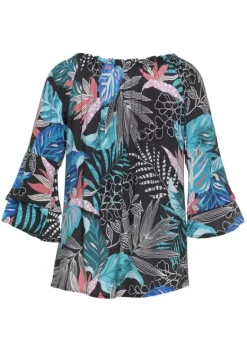 Blusen|LASCANA Carmenbluse Schwarz-Blau Bedruckt