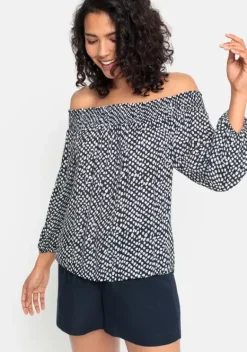 Blusen|LASCANA Carmenbluse Marine-Creme Bedruckt