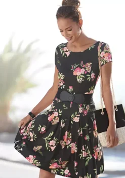 Kurze Kleider|Vivance Druckkleid Schwarz-Pink-Bedruckt