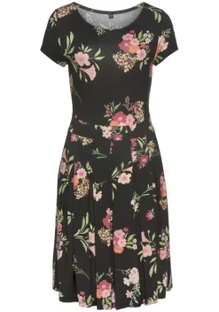 Kurze Kleider|Vivance Druckkleid Schwarz-Pink-Bedruckt