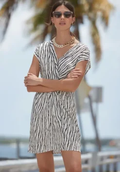 Kurze Kleider|LASCANA Druckkleid Creme-Schwarz