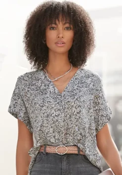 Blusen|Vivance Kurzarmbluse Grau-Bedruckt