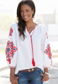 Blusen|LASCANA Langarmbluse Weis-Rot-Blau