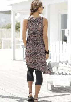 Damenshirts|Beachtime Longtop Braun-Bedruckt, Schwarz