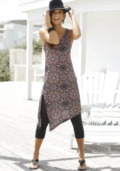 Damenshirts|Beachtime Longtop Braun-Bedruckt, Schwarz