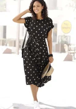 Strandkleider|LASCANA Midikleid Schwarz-Sand-Bedruckt