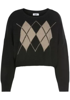 Pullover|Buffalo Rhombenpullover Schwarz-Camelfarben