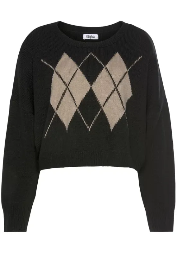 Pullover|Buffalo Rhombenpullover Schwarz-Camelfarben