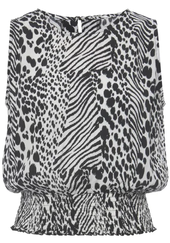 Damenshirts|Vivance Shirttop Creme-Schwarz Bedruckt