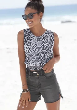 Damenshirts|Vivance Shirttop Creme-Schwarz Bedruckt