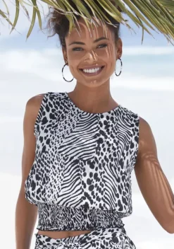 Damenshirts|Vivance Shirttop Creme-Schwarz Bedruckt