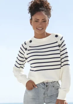 Pullover|Vivance Streifenpullover Weis-Marine