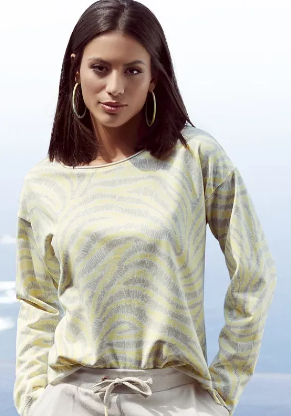 Damenshirts|LASCANA Sweatshirt Hellgelb-Hellgrau-Gemustert