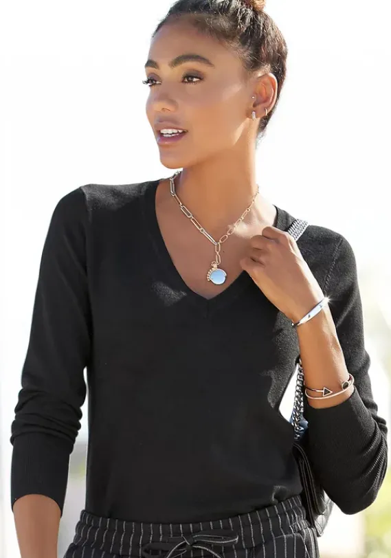 Pullover|Vivance V-Ausschnitt-Pullover Schwarz